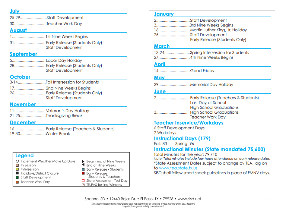 District School Academic Calendar Key for John Drugan School