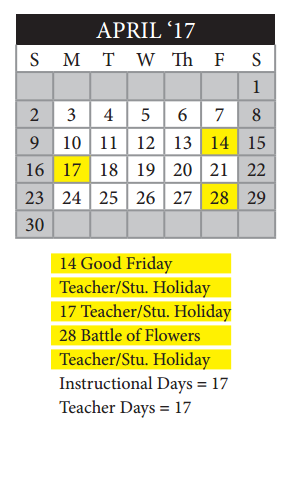 District School Academic Calendar for Life Skills Program For Student Pa for April 2017