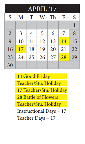 District School Academic Calendar for So San Antonio Career Ed Ctr for April 2017