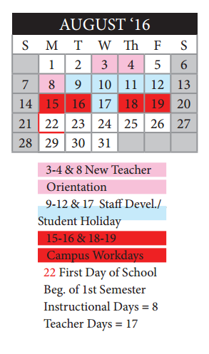 District School Academic Calendar for Bexar Co J J A E P for August 2016