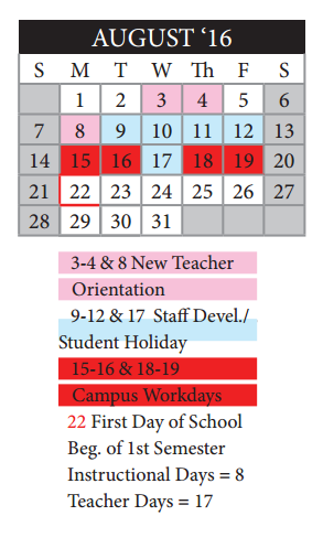 District School Academic Calendar for Life Skills Program For Student Pa for August 2016