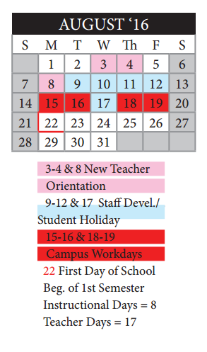 District School Academic Calendar for Hernandez Learning Center for August 2016