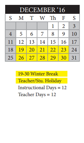 District School Academic Calendar for Miguel Carrillo Jr Elementary School for December 2016