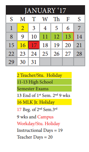 District School Academic Calendar for Miguel Carrillo Jr Elementary School for January 2017