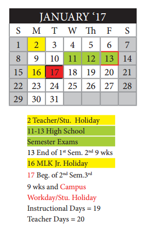 District School Academic Calendar for Palo Alto Elementary School for January 2017