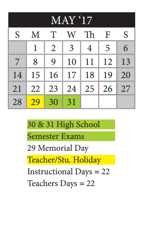 District School Academic Calendar for Palo Alto Elementary School for May 2017