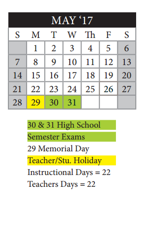 District School Academic Calendar for Alternative School for May 2017