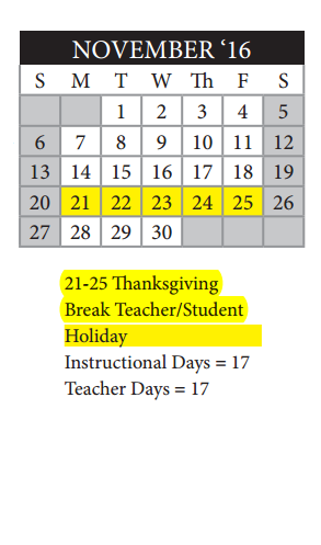 District School Academic Calendar for Miguel Carrillo Jr Elementary School for November 2016