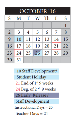 District School Academic Calendar for Price Elementary School for October 2016