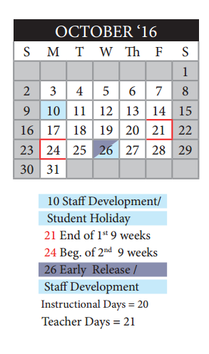 District School Academic Calendar for Miguel Carrillo Jr Elementary School for October 2016