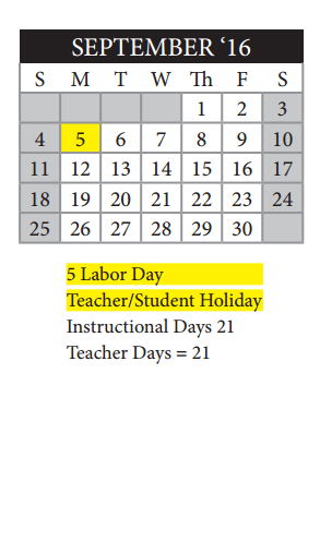 District School Academic Calendar for Robert C Zamora Middle for September 2016
