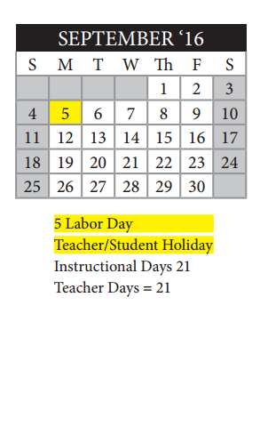 District School Academic Calendar for Bexar Co J J A E P for September 2016