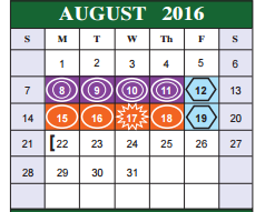 District School Academic Calendar for Sharon Christa Mcauliffe Junior High for August 2016