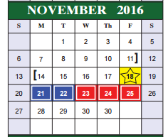 District School Academic Calendar for Bexar Co J J A E P for November 2016