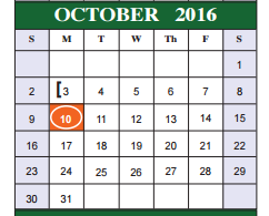 District School Academic Calendar for Bexar Co J J A E P for October 2016