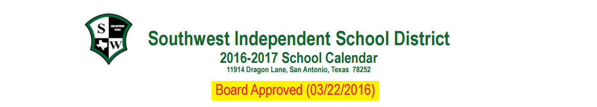 District School Academic Calendar for Bexar Co J J A E P