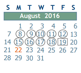 District School Academic Calendar for Westfield High School for August 2016