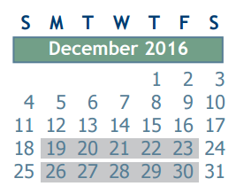 District School Academic Calendar for New Elementary - Northgate Area for December 2016