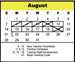 District School Academic Calendar for Pre-k Elementary for August 2016