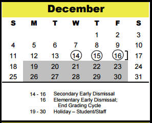 District School Academic Calendar for Spring Branch Elementary for December 2016