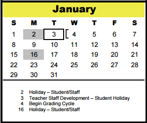 District School Academic Calendar for Shadow Oaks Elementary for January 2017