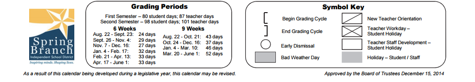 District School Academic Calendar Key for Spring Branch Elementary