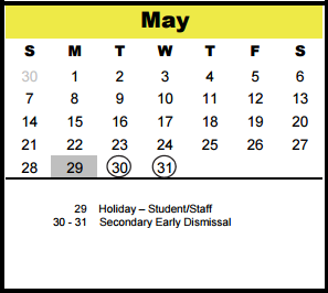 District School Academic Calendar for The Tiger Trail School for May 2017