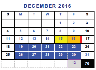 District School Academic Calendar for Bell County Nursing & Rehab Center for December 2016