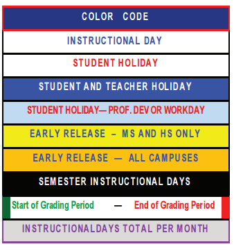 District School Academic Calendar Legend for Cater Elementary