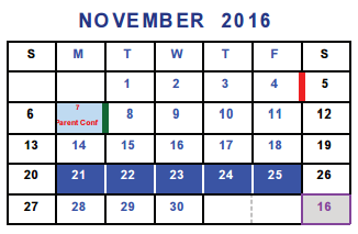 District School Academic Calendar for Bell County Nursing & Rehab Center for November 2016