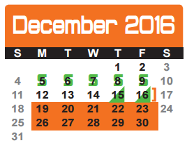 District School Academic Calendar for Dunbar Intermediate Center for December 2016