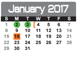 District School Academic Calendar for Dunbar Intermediate Center for January 2017