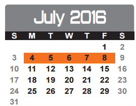 District School Academic Calendar for Dunbar Intermediate Center for July 2016