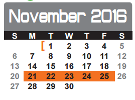 District School Academic Calendar for Texas Middle School for November 2016