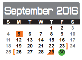 District School Academic Calendar for Dunbar Intermediate Center for September 2016