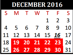 District School Academic Calendar for Tomball J J A E P Campus for December 2016