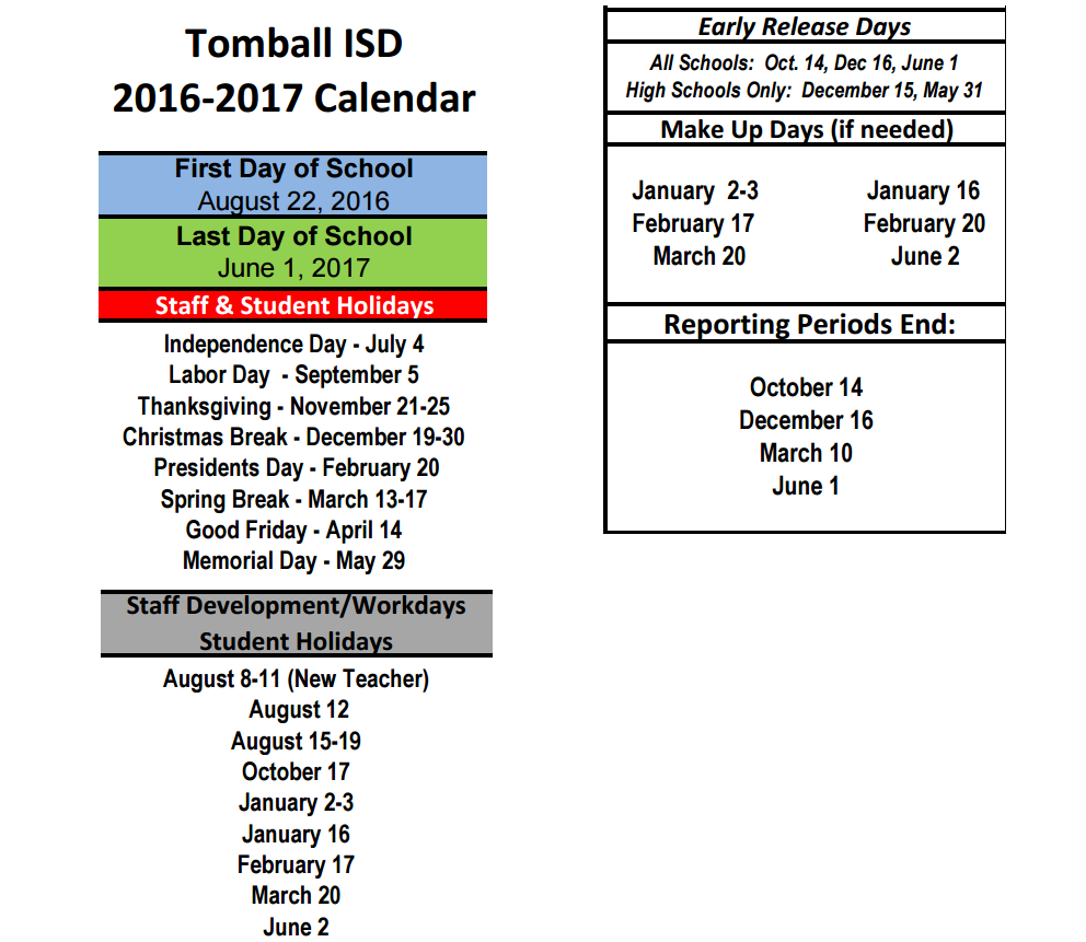 District School Academic Calendar Key for Tomball J J A E P Campus