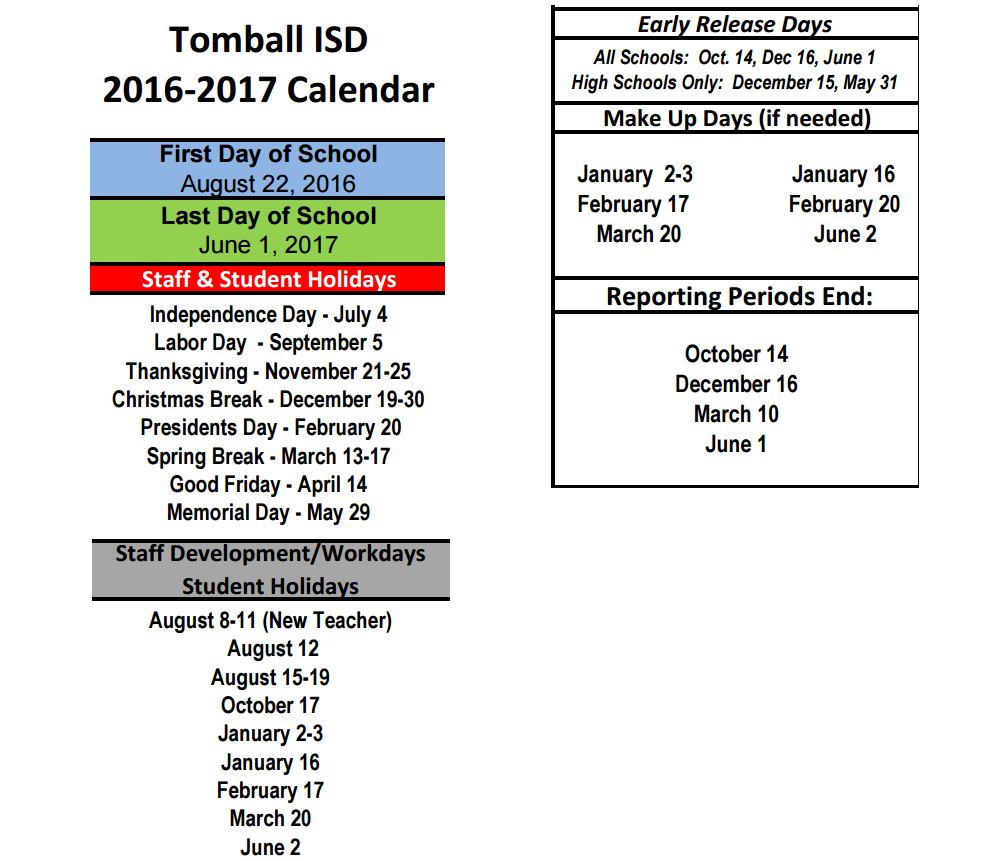 District School Academic Calendar Key for Tomball High School