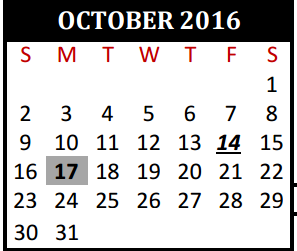 District School Academic Calendar for Beckendorf Intermediate for October 2016