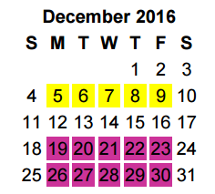 District School Academic Calendar for Jim Plyler Instructional Complex for December 2016