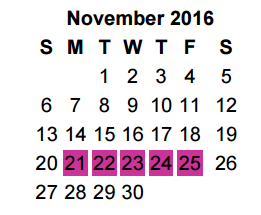 District School Academic Calendar for Woods Elementary for November 2016
