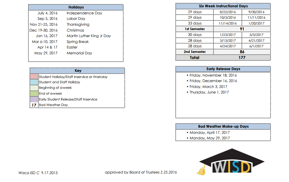 Tennyson Middle School District Instructional Calendar Waco Isd