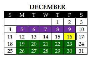 District School Academic Calendar for Waxahachie Ninth Grade Academy for December 2016