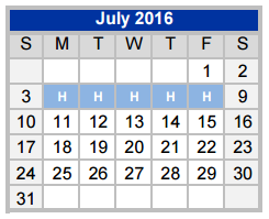 District School Academic Calendar for Hall Middle School for July 2016