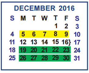 District School Academic Calendar for Memorial Elementary for December 2016