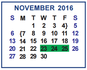 District School Academic Calendar for Cuellar Middle School for November 2016