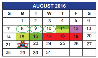 District School Academic Calendar for Wichita Falls Sp Ed Ctr for August 2016