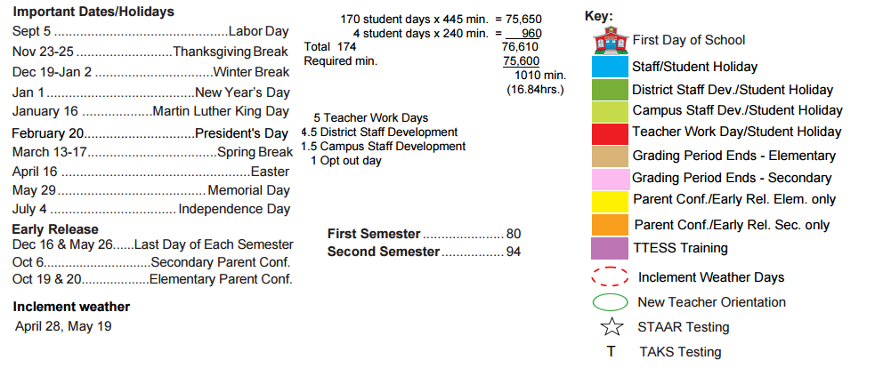 District School Academic Calendar Key for Huey Elementary