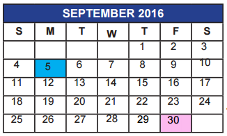 District School Academic Calendar for Wichita Falls Sp Ed Ctr for September 2016