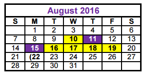 District School Academic Calendar for Smith Elementary for August 2016